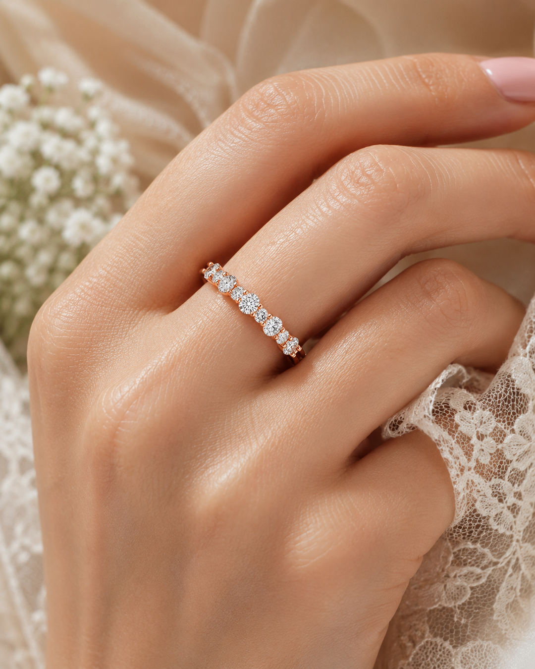 Round Brilliant Cut Diamond Floating Bubble Wedding Band in Rose Gold