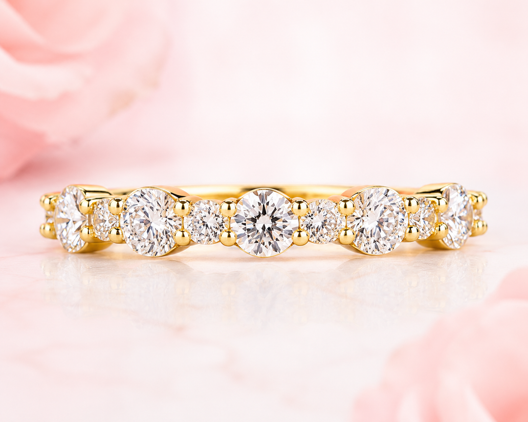 Round Brilliant Cut Diamond Floating Bubble Wedding Band in Yellow Gold