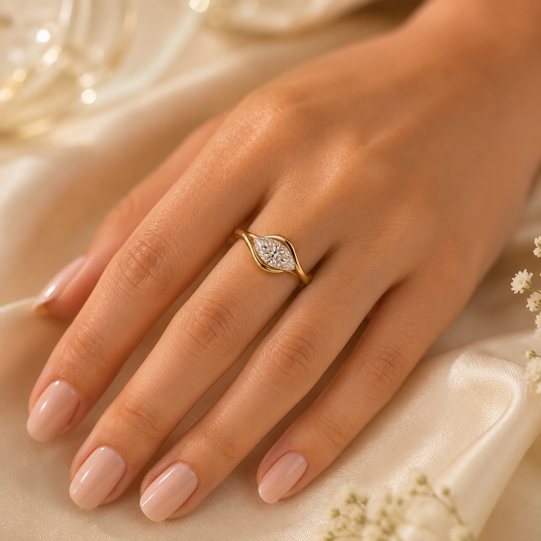 Marquise Diamond Engagement Ring in East West Style in Yellow Gold