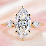 Three Stone Marquise Engagement Ring with Side Kite Cut Diamonds in Yellow Gold