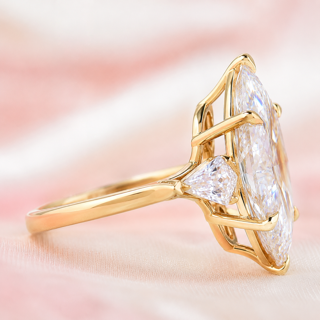 Three Stone Marquise Engagement Ring with Side Kite Cut Diamonds in Yellow Gold