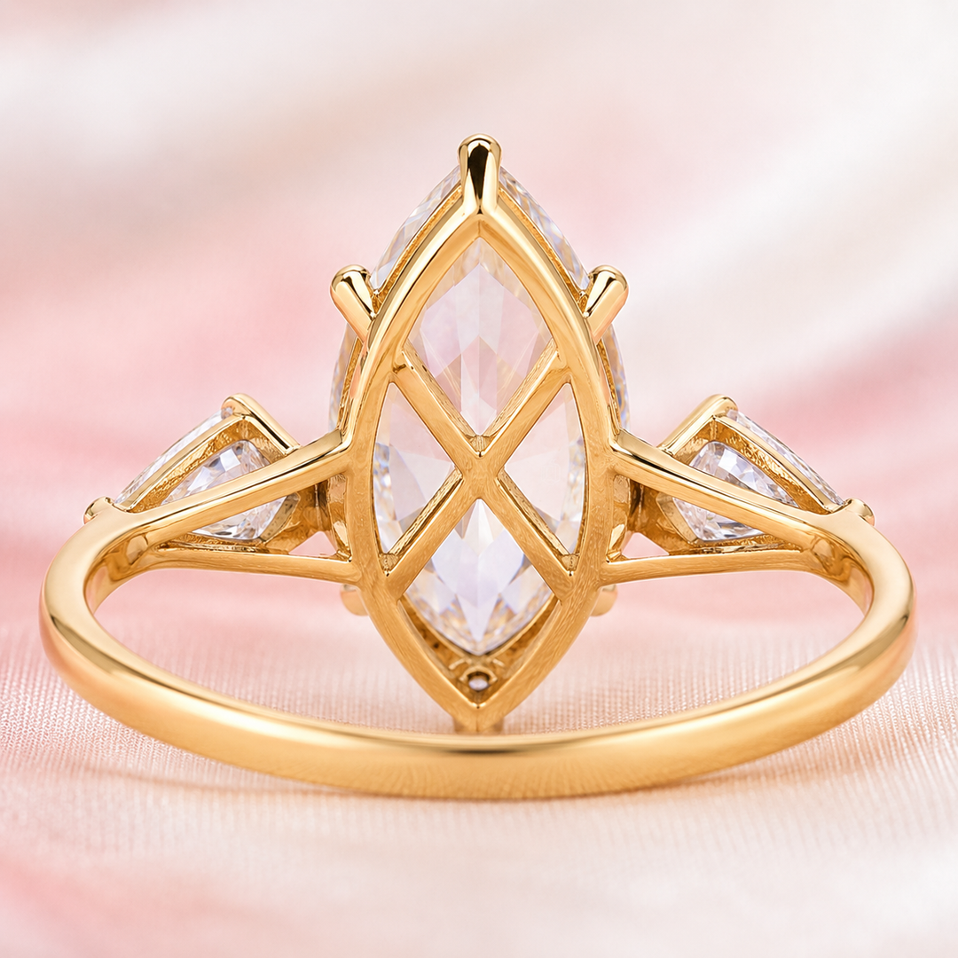 Three Stone Marquise Engagement Ring with Side Kite Cut Diamonds in Yellow Gold