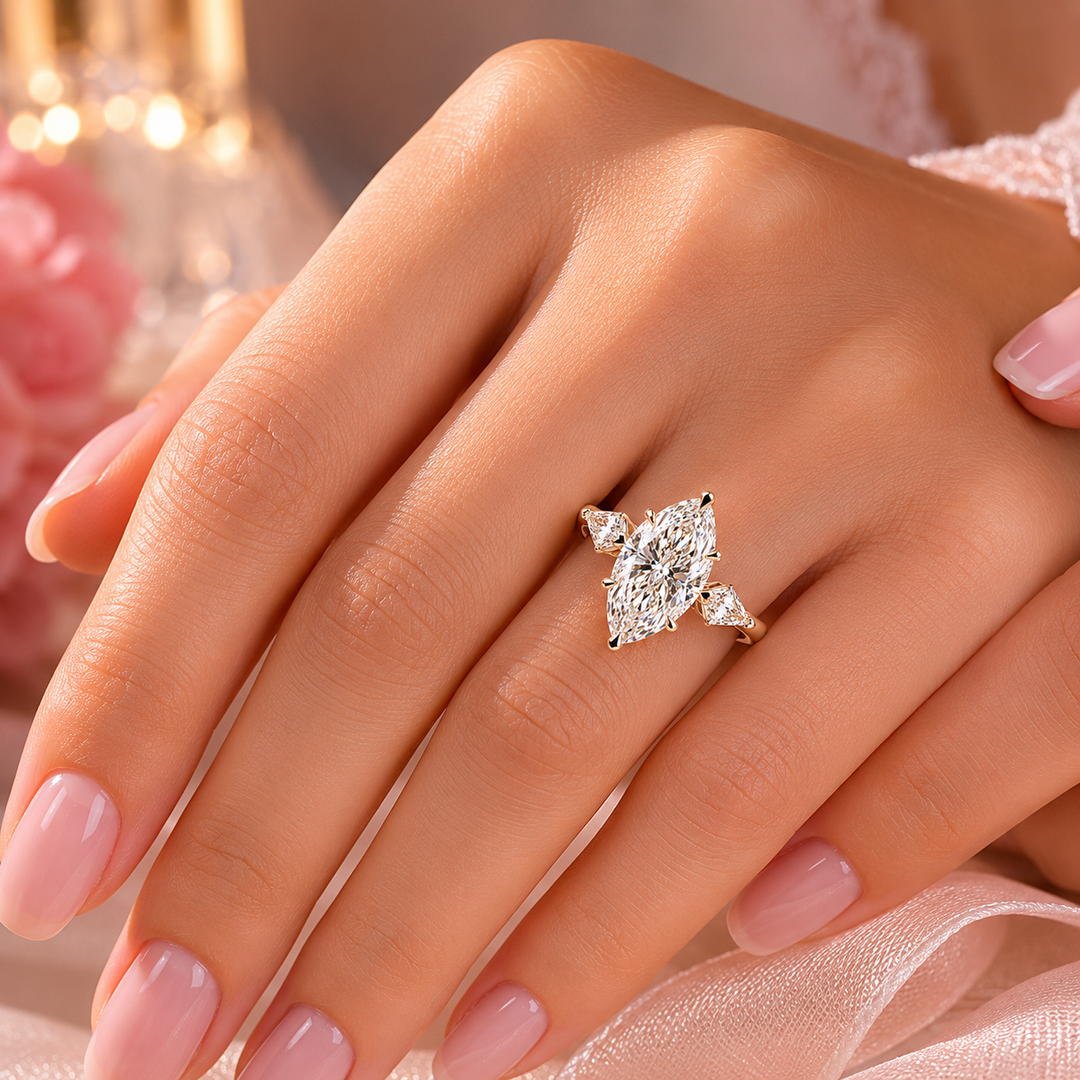 Three Stone Marquise Engagement Ring with Side Kite Cut Diamonds in Yellow Gold