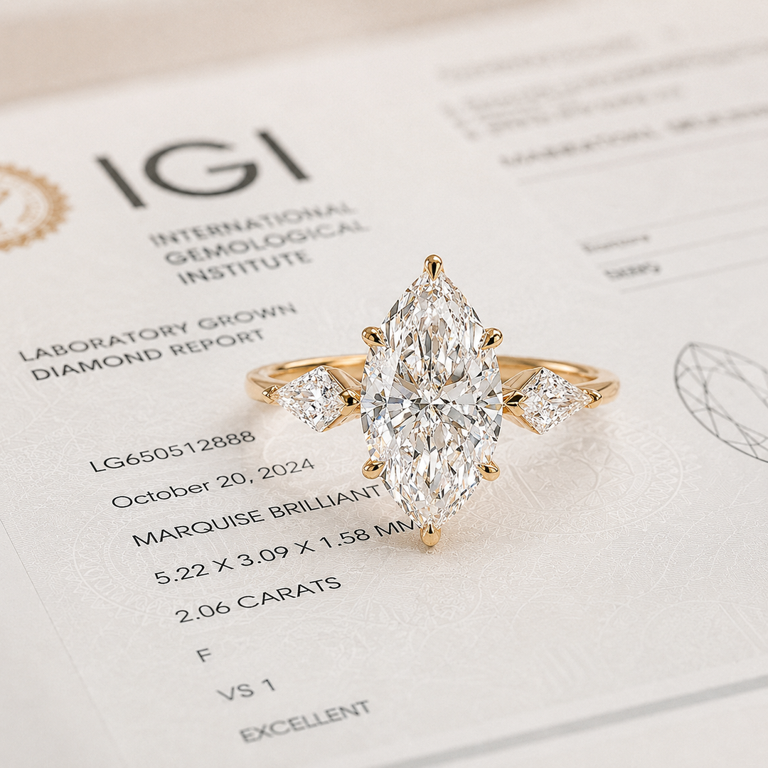 Three Stone Marquise Engagement Ring with Side Kite Cut Diamonds in Yellow Gold