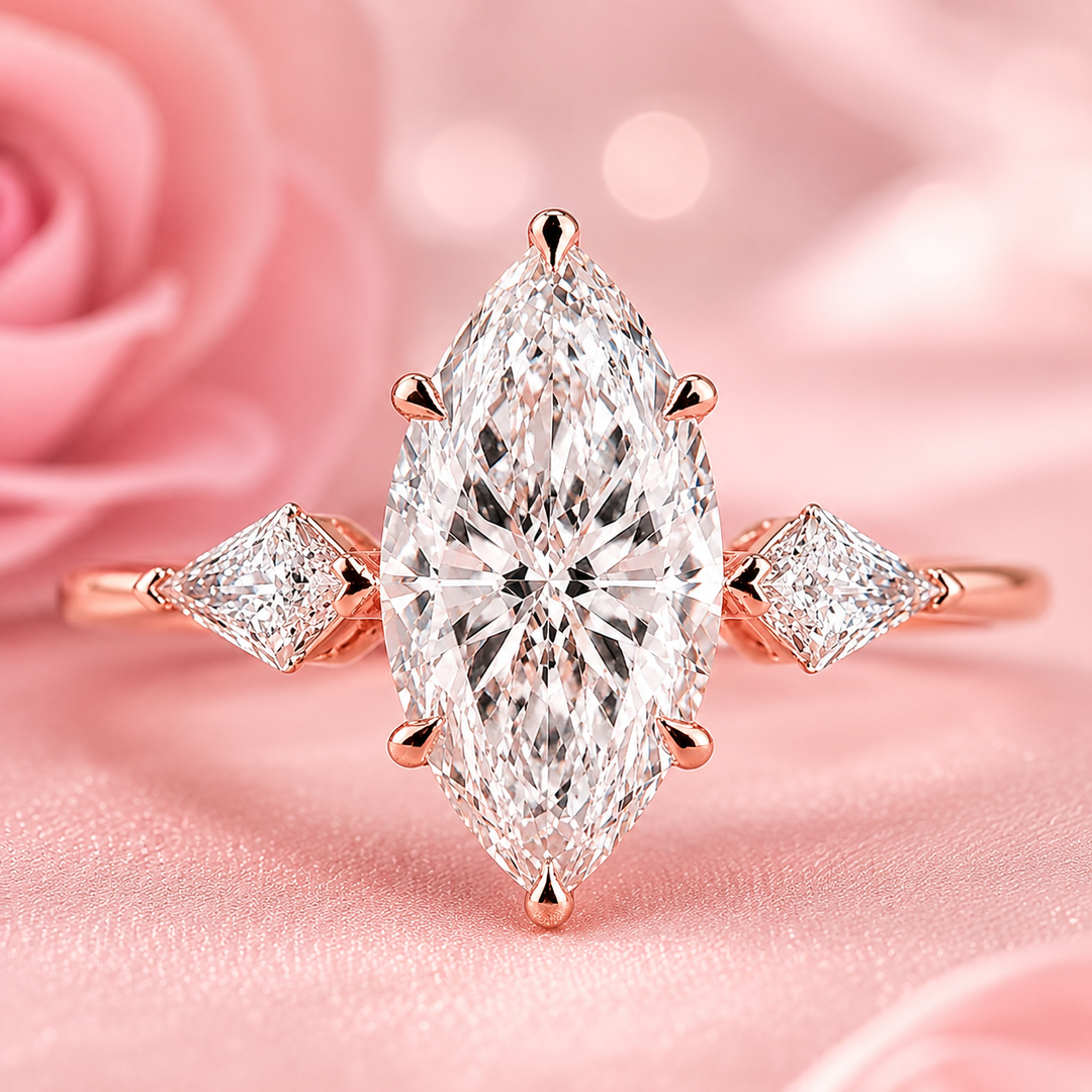 Three Stone Marquise Engagement Ring with Side Kite Cut Diamonds in Rose Gold