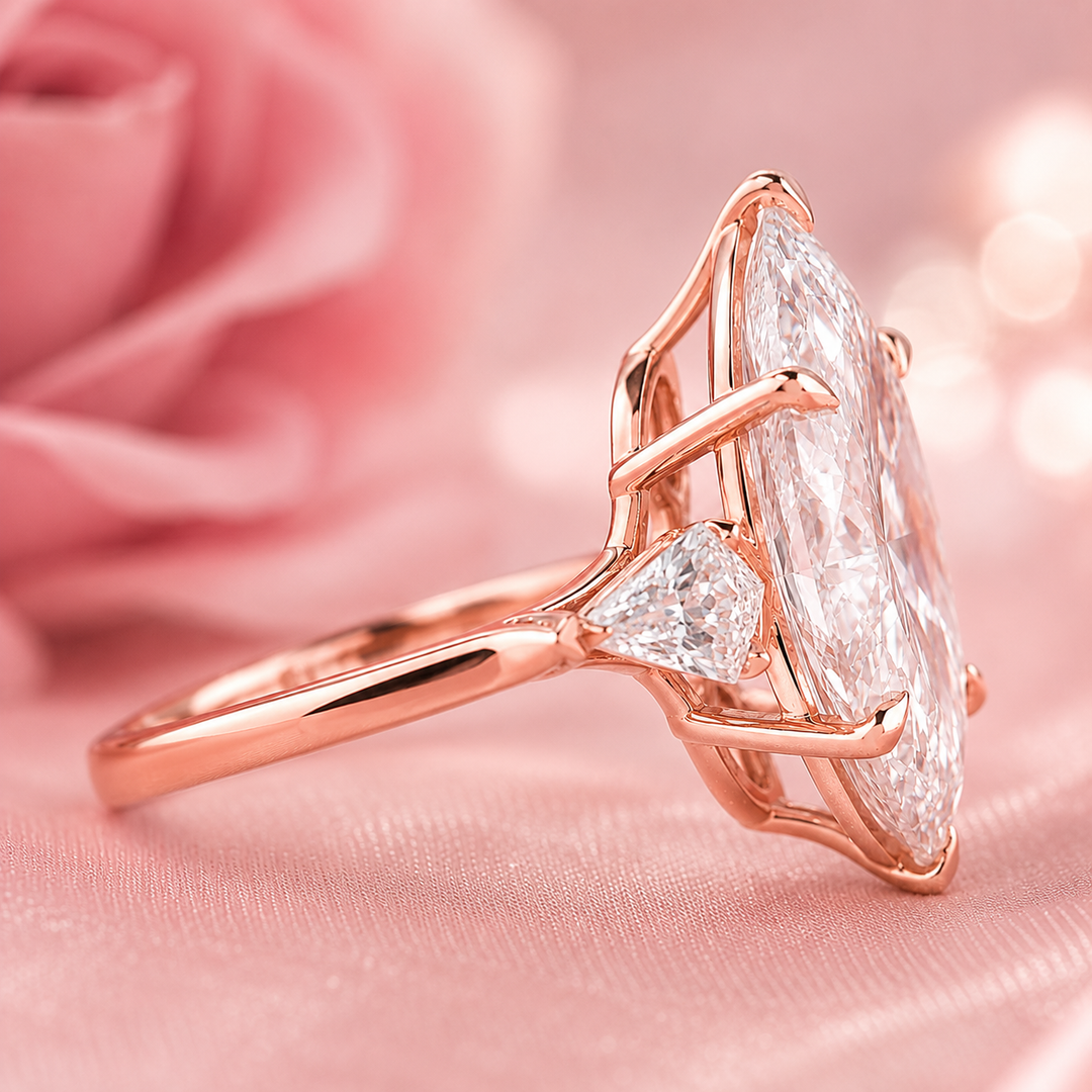 Three Stone Marquise Engagement Ring with Side Kite Cut Diamonds in Rose Gold