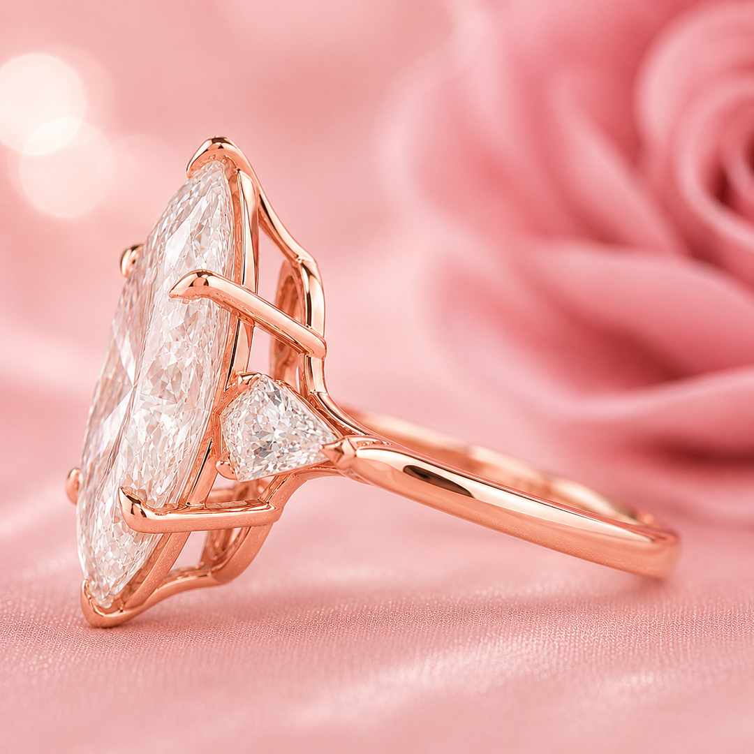 Three Stone Marquise Engagement Ring with Side Kite Cut Diamonds in Rose Gold