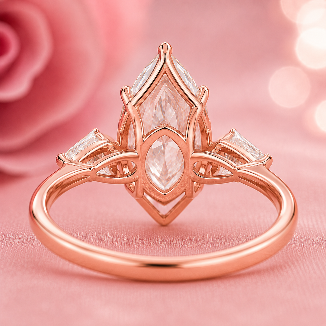 Three Stone Marquise Engagement Ring with Side Kite Cut Diamonds in Rose Gold