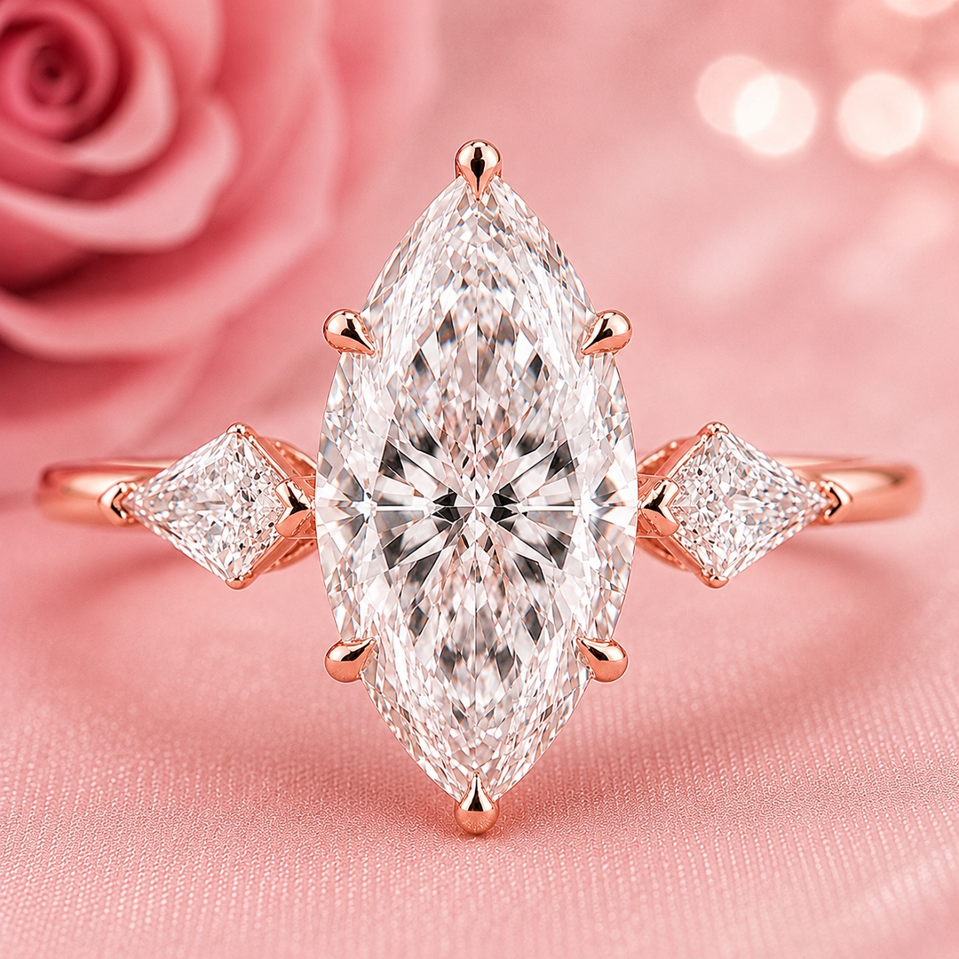 Three Stone Marquise Engagement Ring with Side Kite Cut Diamonds in Rose Gold