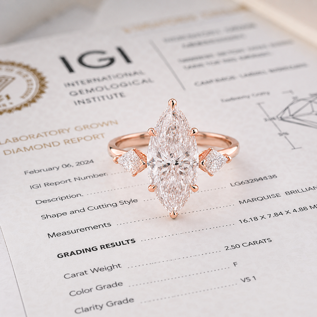 Three Stone Marquise Engagement Ring with Side Kite Cut Diamonds in Rose Gold