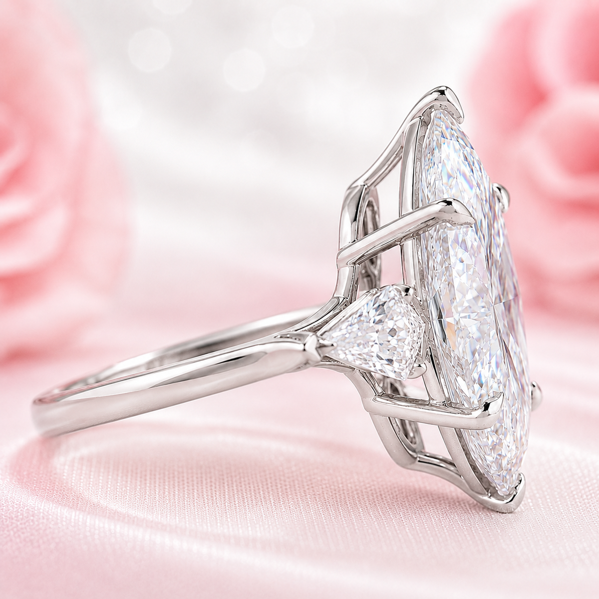 Three stone marquise engagement ring with side kite cut diamonds in 925 sterling silver