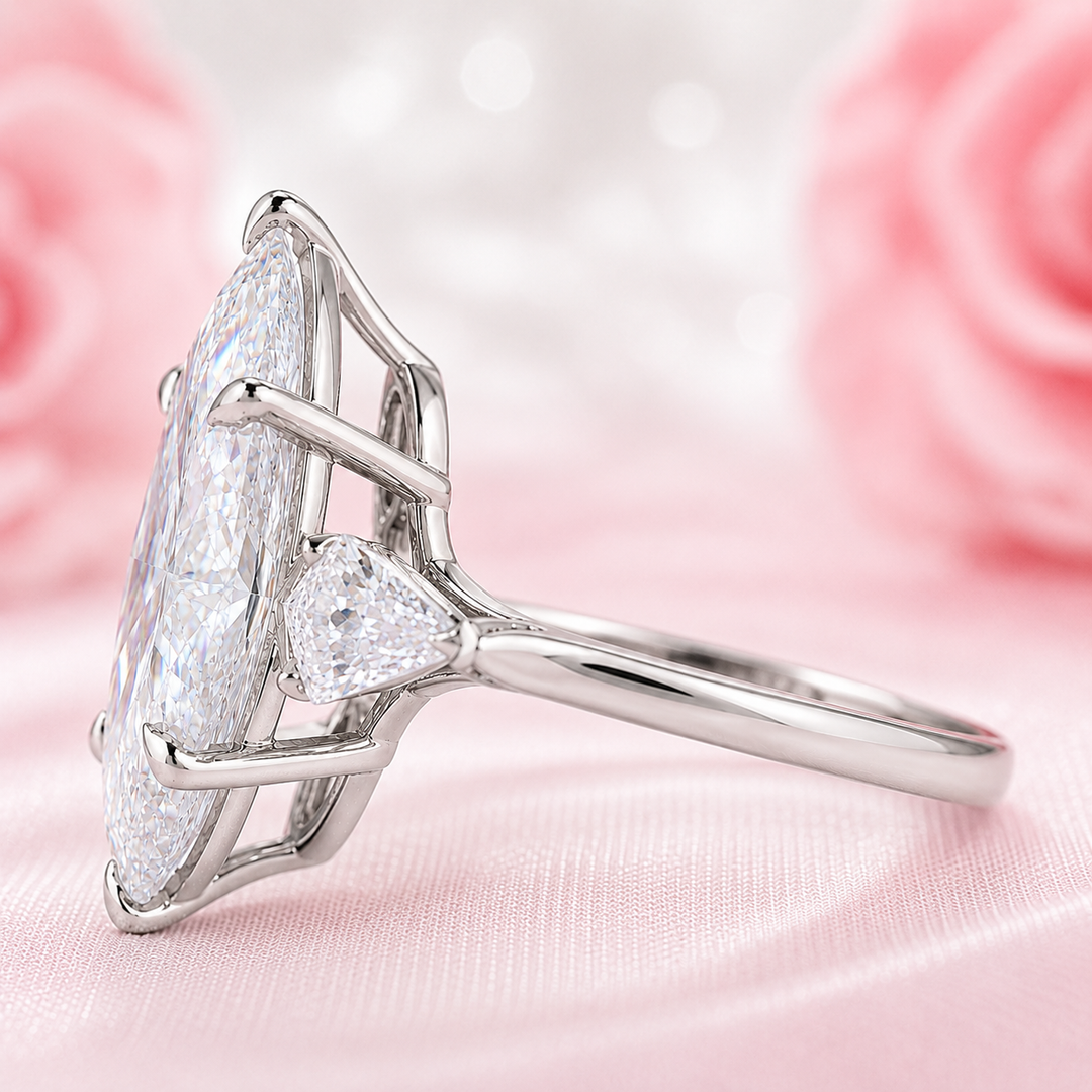 Three Stone Marquise Engagement Ring with Side Kite Cut Diamonds in White Gold