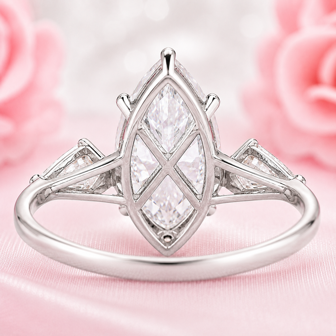 Three Stone Marquise Engagement Ring with Side Kite Cut Diamonds in 925 Sterling Silver