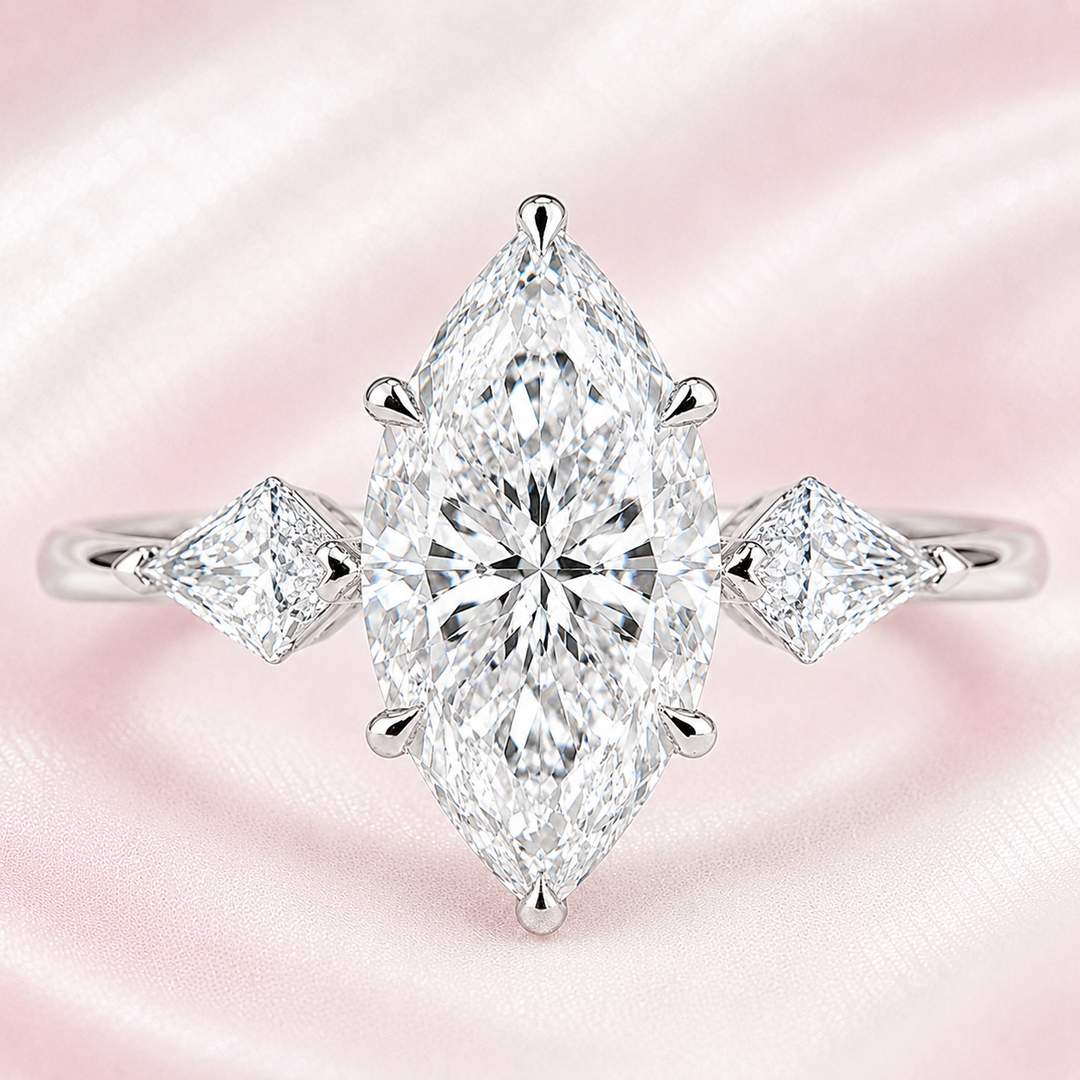 Three Stone Marquise Engagement Ring with Side Kite Cut Diamonds in White Gold