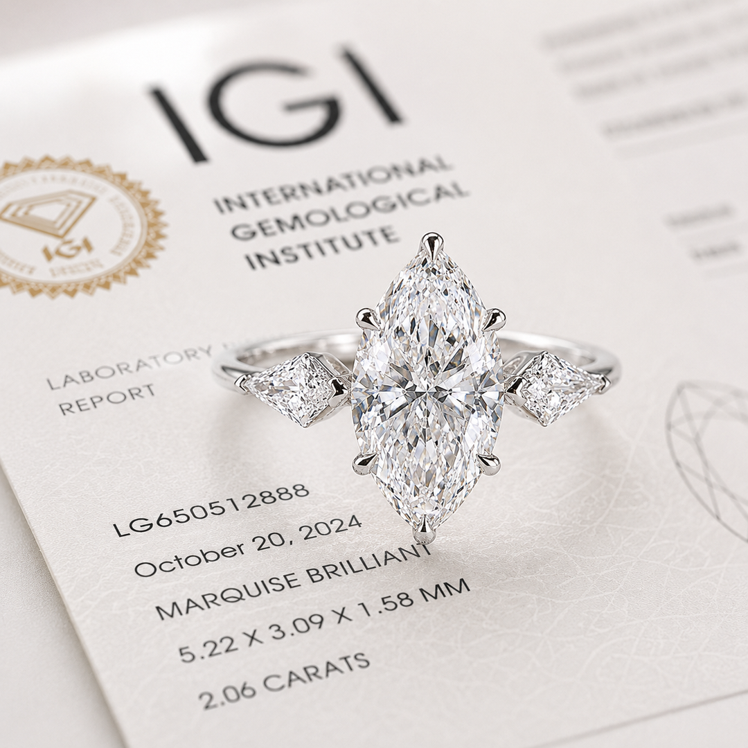 Three Stone Marquise Engagement Ring with Side Kite Cut Diamonds in 925 Sterling Silver