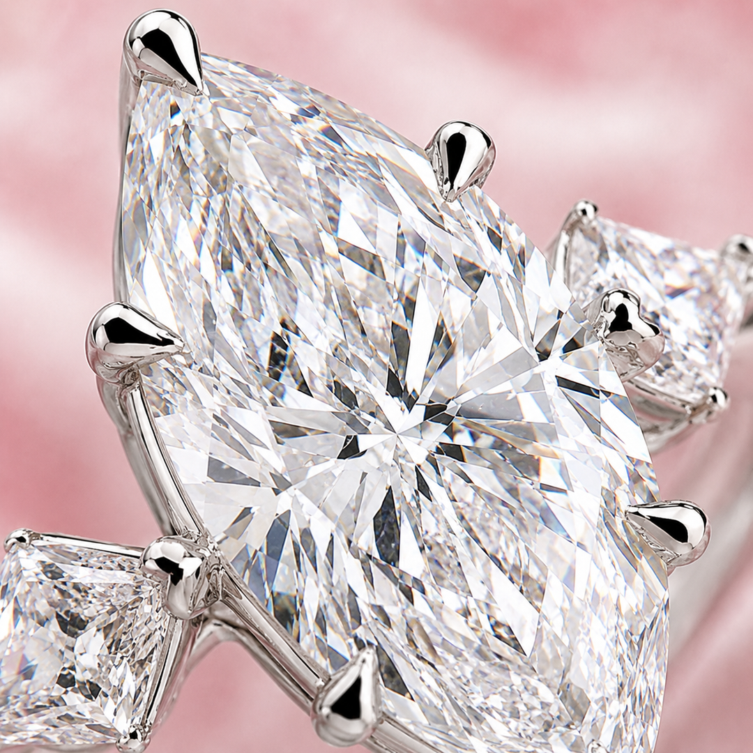 Three Stone Marquise Engagement Ring with Side Kite Cut Diamonds in White Gold