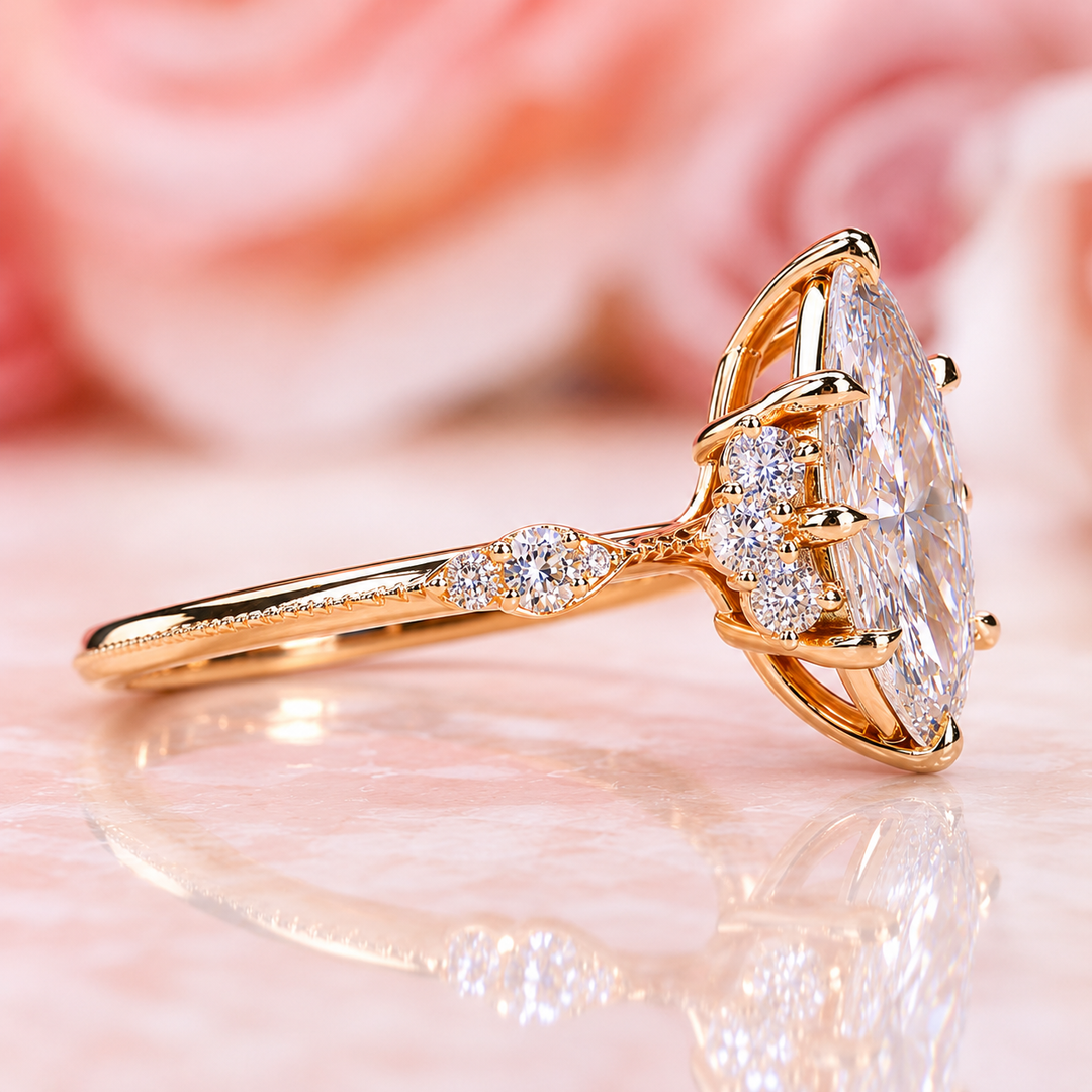 Vintage Engagement Ring with Marquise Cut Diamond in Yellow Gold