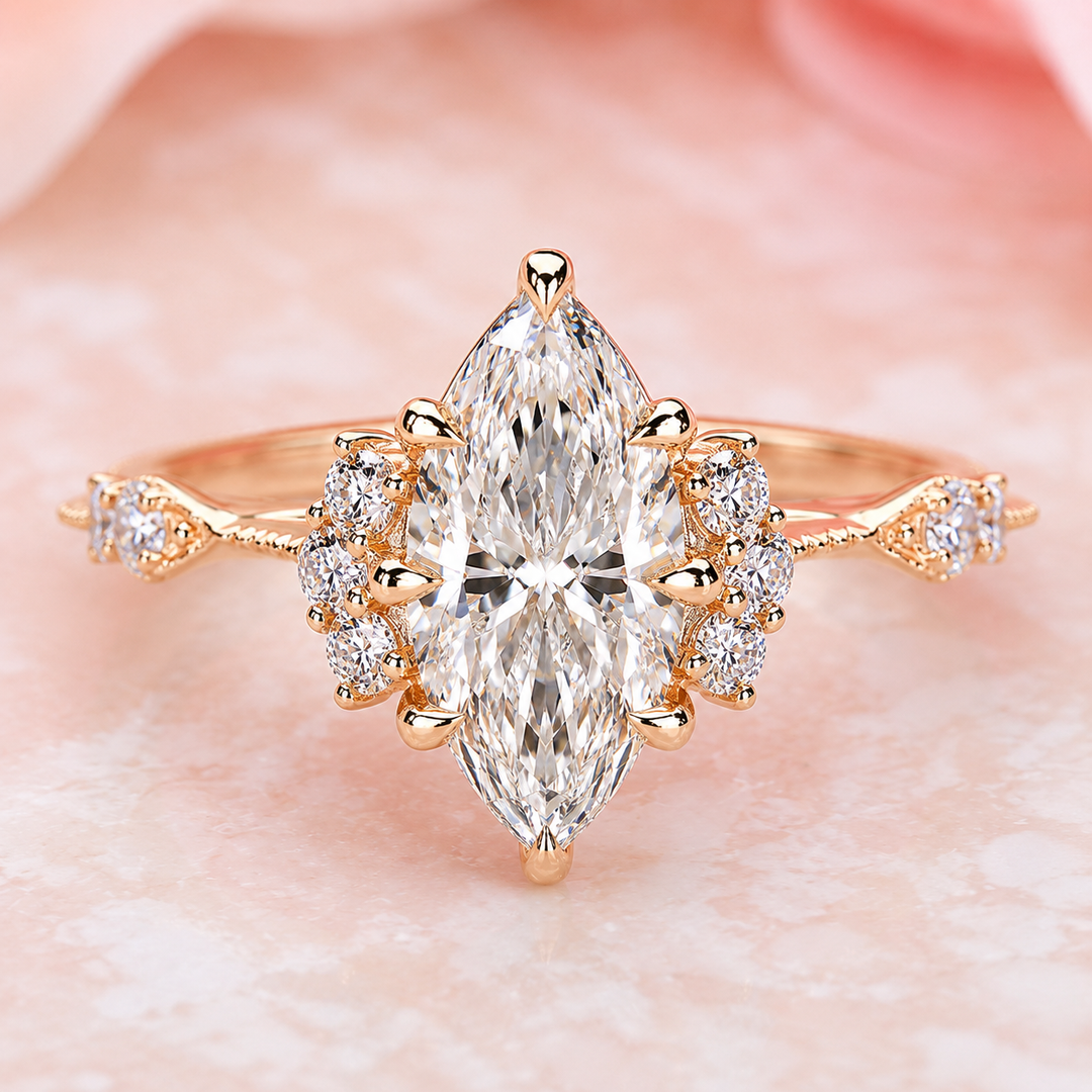 Vintage Engagement Ring with Marquise Cut Diamond in Yellow Gold