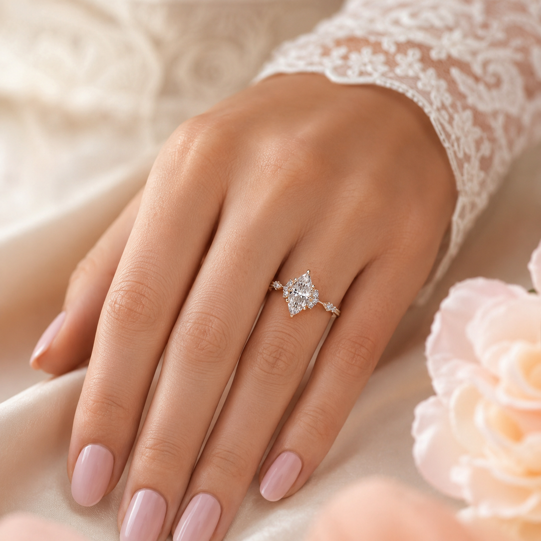 Vintage Engagement Ring with Marquise Cut Diamond in Yellow Gold