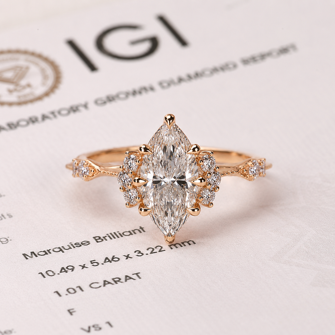 Vintage Engagement Ring with Marquise Cut Diamond in Yellow Gold