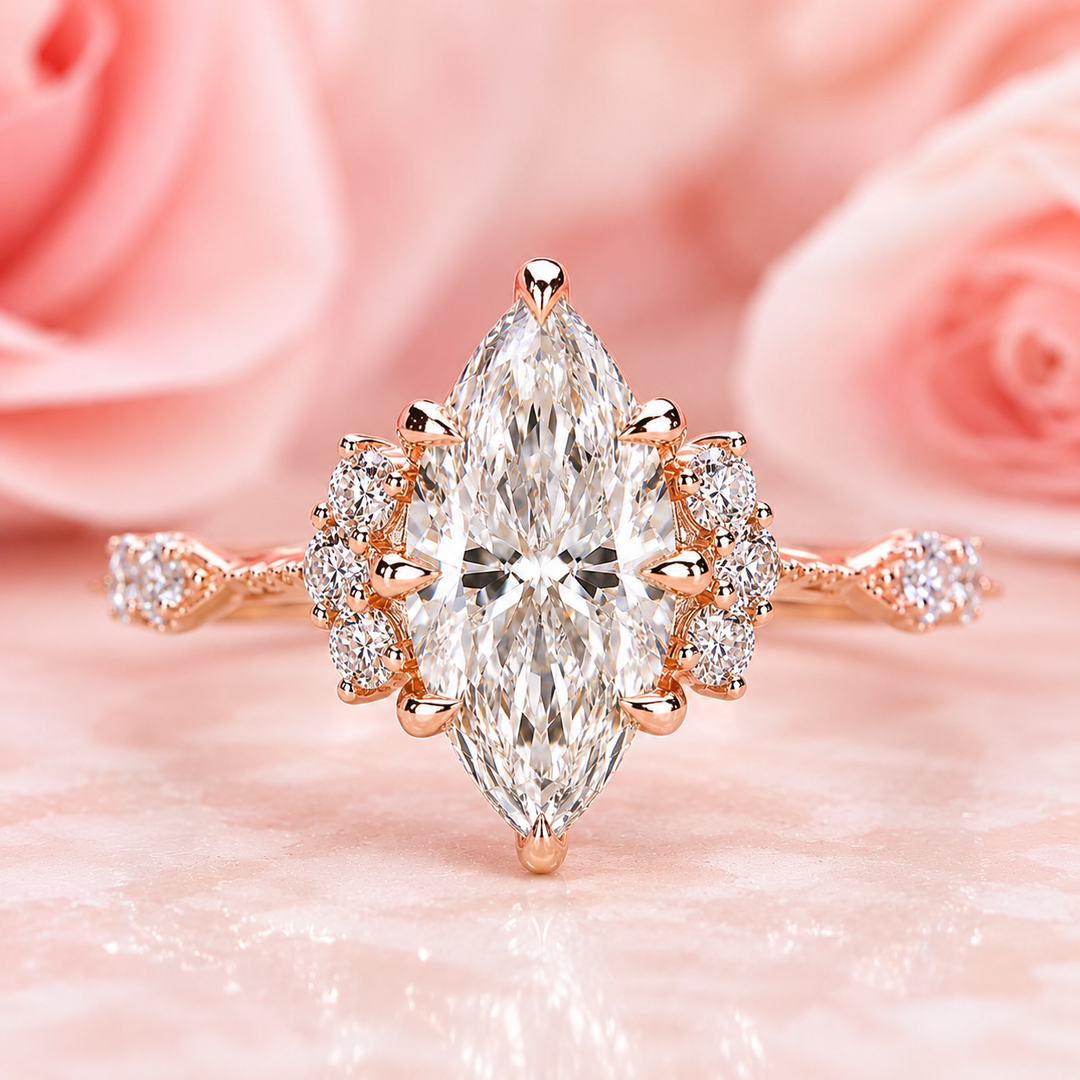Vintage Engagement Ring with Marquise Cut Diamond in Rose Gold