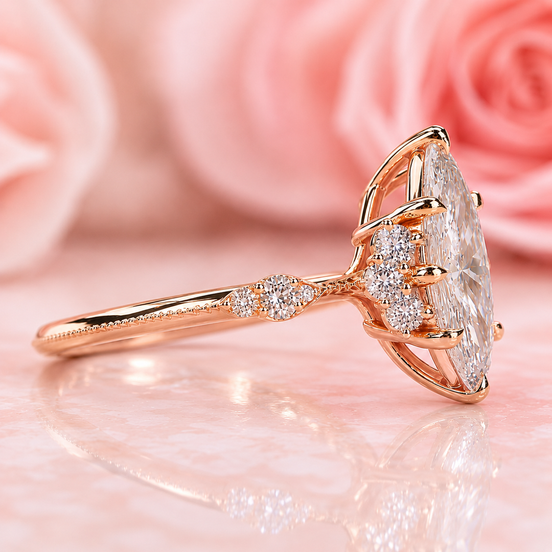 Vintage Engagement Ring with Marquise Cut Diamond in Rose Gold