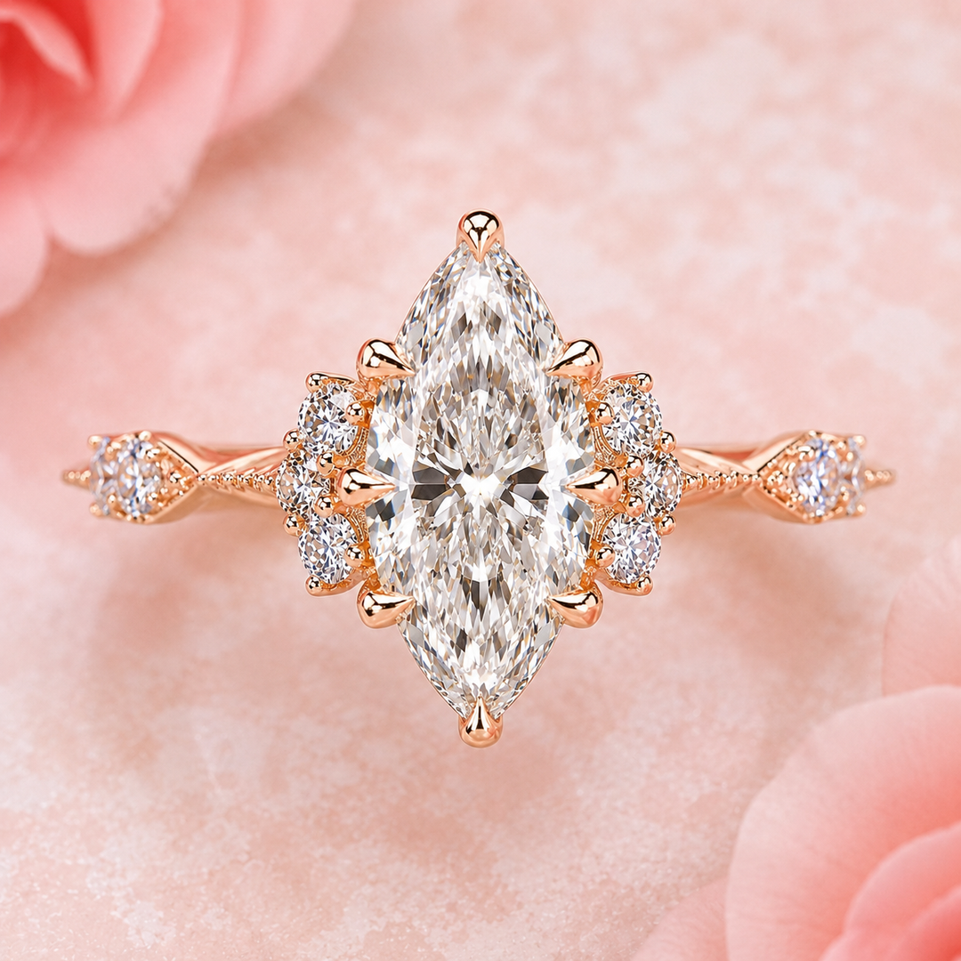 Vintage Engagement Ring with Marquise Cut Diamond in Rose Gold