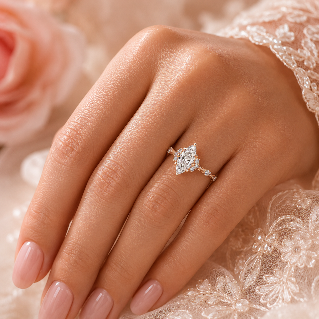 Vintage Engagement Ring with Marquise Cut Diamond in Rose Gold