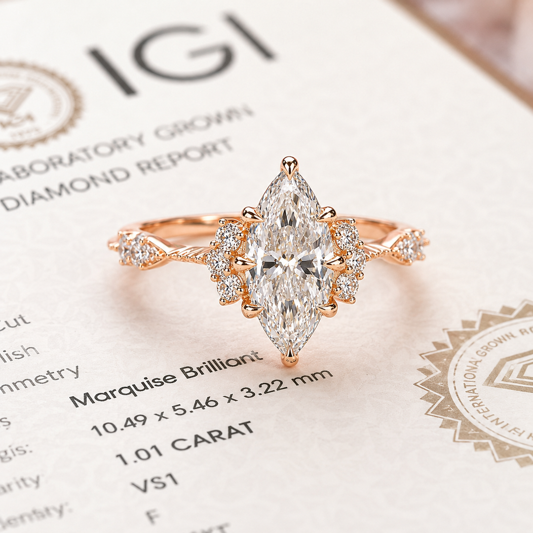 Vintage Engagement Ring with Marquise Cut Diamond in Rose Gold