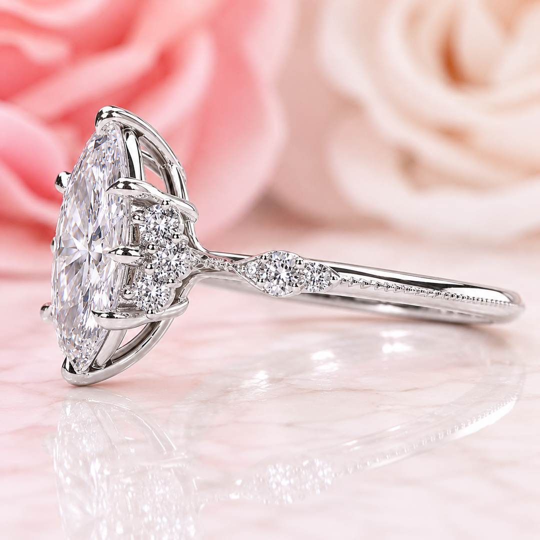 Vintage Engagement Ring with Marquise Cut Diamond in White Gold