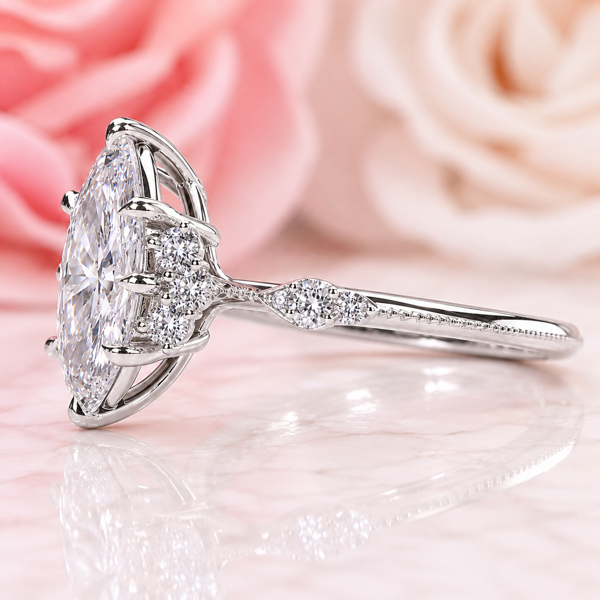 Vintage engagement ring with marquise cut diamond in 925 sterling silver