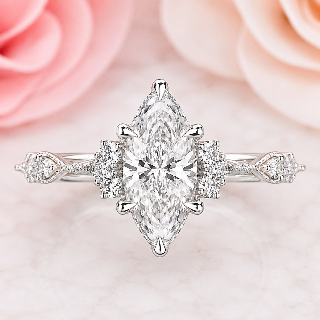 Vintage Engagement Ring with Marquise Cut Diamond in 925 Sterling Silver