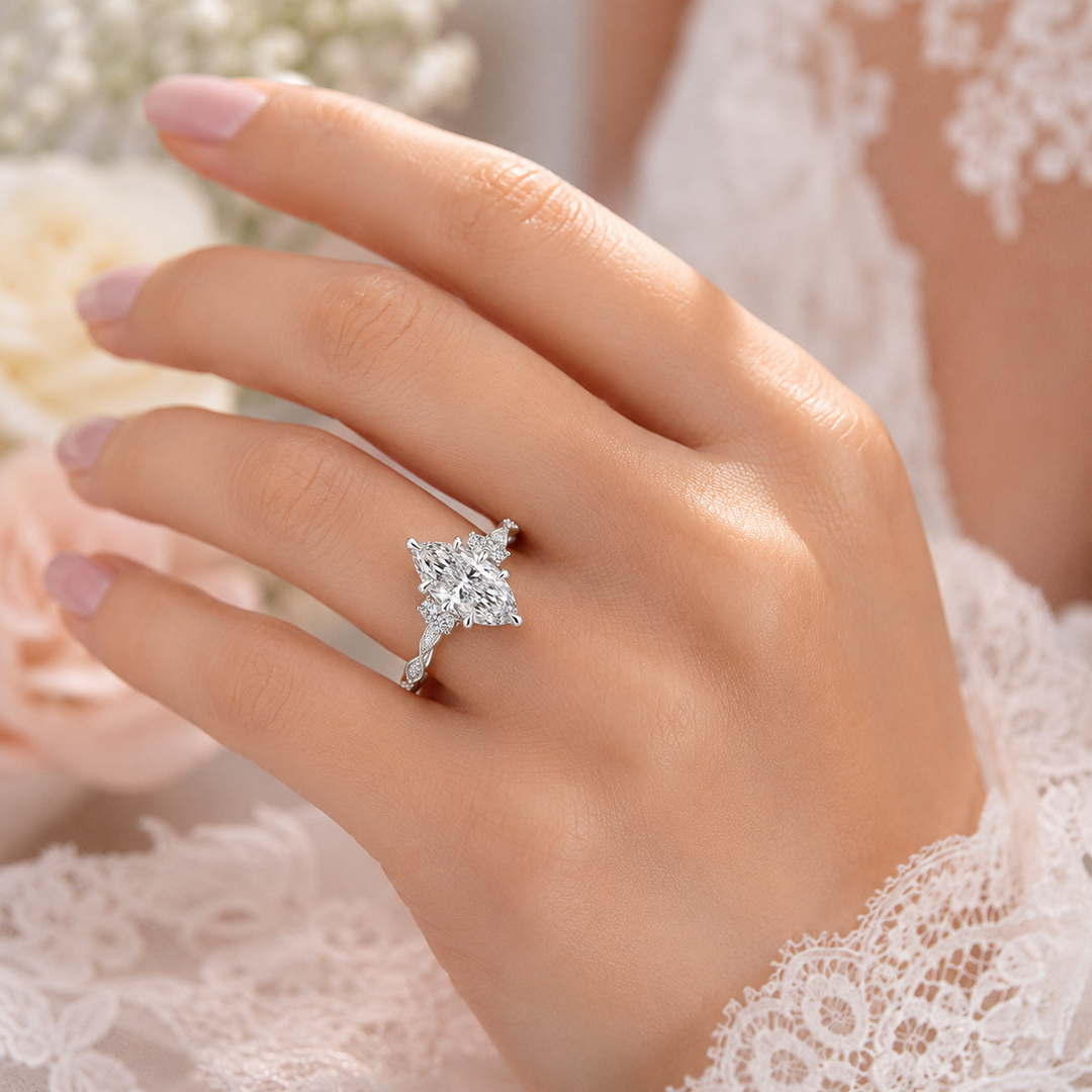 Vintage Engagement Ring with Marquise Cut Diamond in 925 Sterling Silver