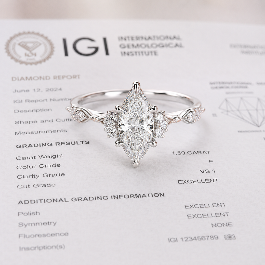 Vintage Engagement Ring with Marquise Cut Diamond in White Gold