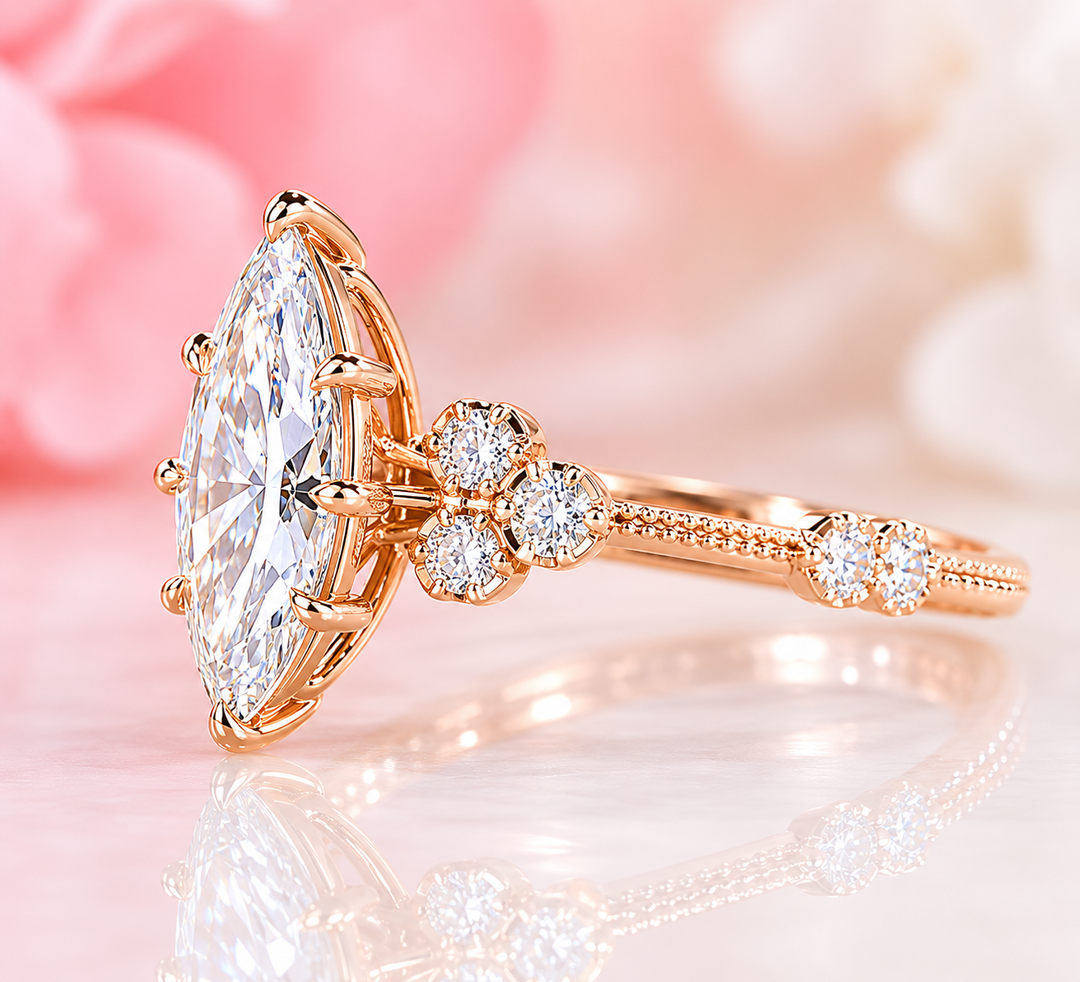 Vintage Marquise Cut Diamond Ring with Timeless Elegance in Yellow Gold