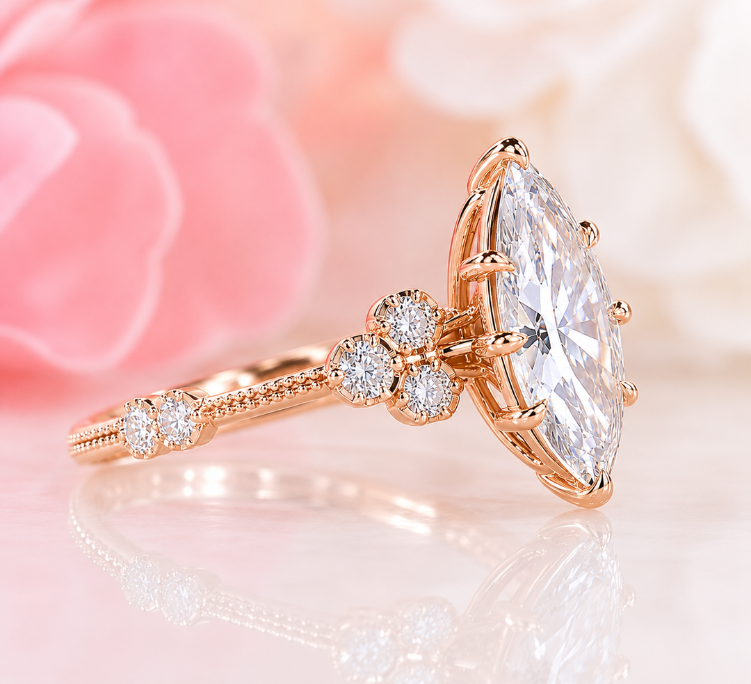 Vintage Marquise Cut Diamond Ring with Timeless Elegance in Yellow Gold