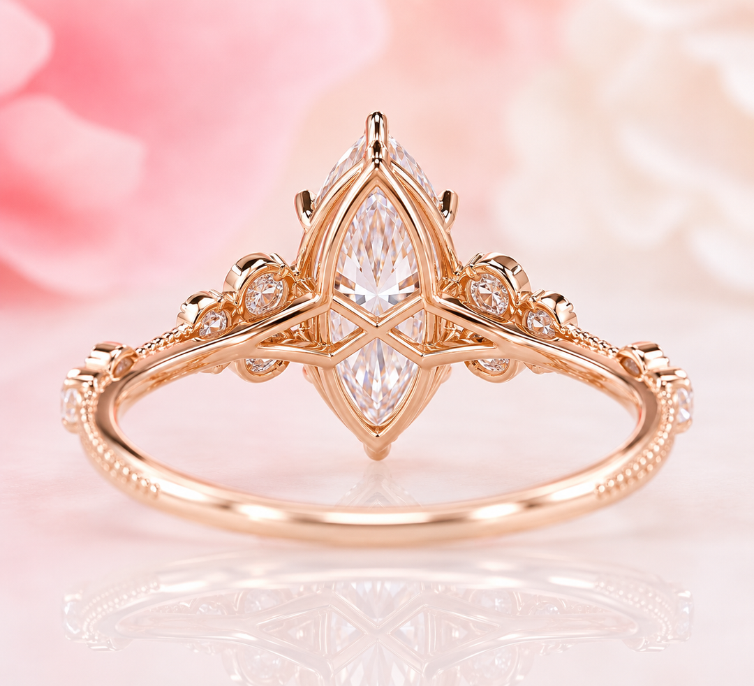 Vintage Marquise Cut Diamond Ring with Timeless Elegance in Yellow Gold