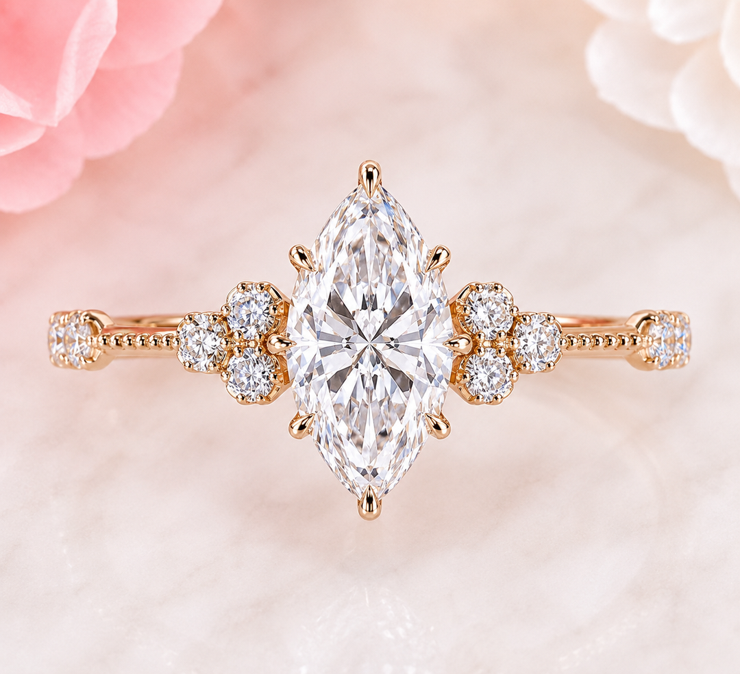 Vintage Marquise Cut Diamond Ring with Timeless Elegance in Yellow Gold