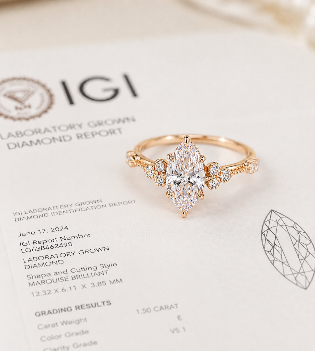 Vintage Marquise Cut Diamond Ring with Timeless Elegance in Yellow Gold