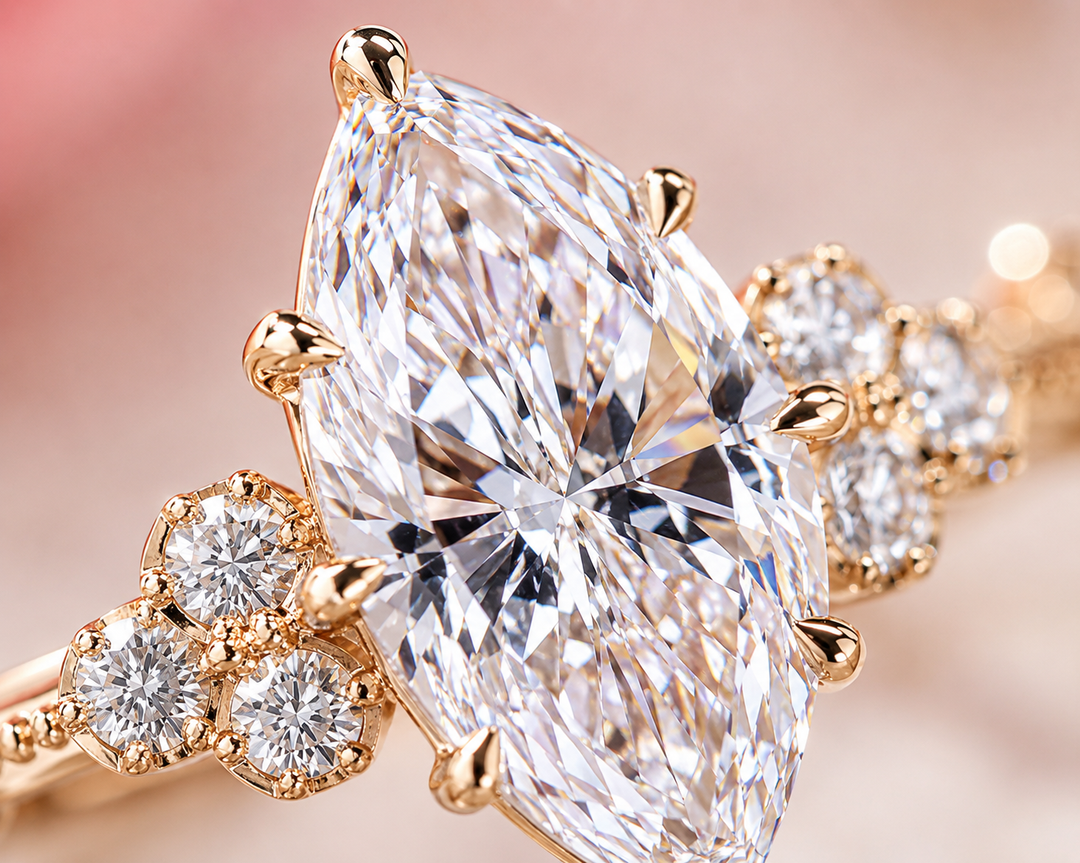 Vintage Marquise Cut Diamond Ring with Timeless Elegance in Yellow Gold