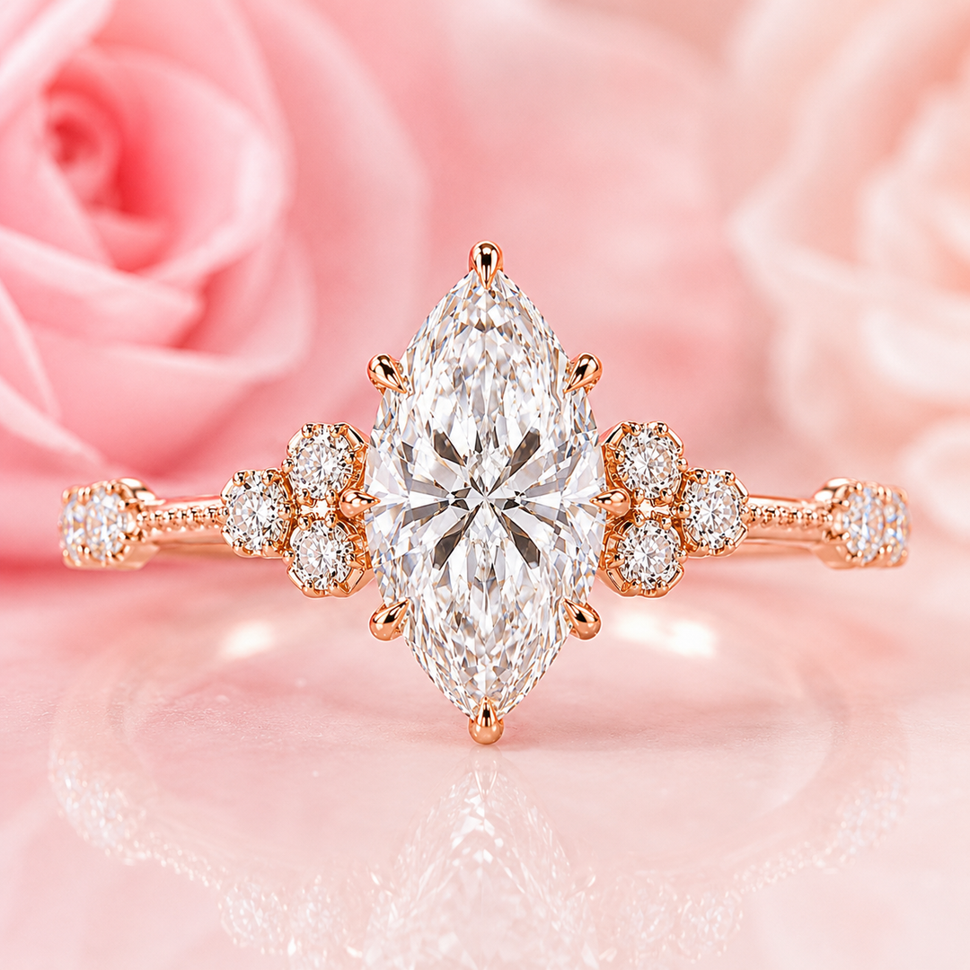 Vintage Marquise Cut Diamond Ring with Timeless Elegance in Rose Gold
