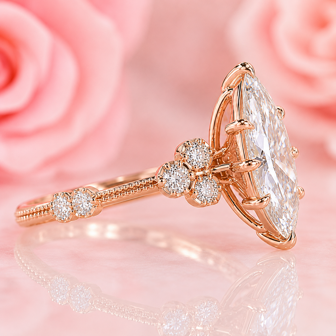 Vintage Marquise Cut Diamond Ring with Timeless Elegance in Rose Gold
