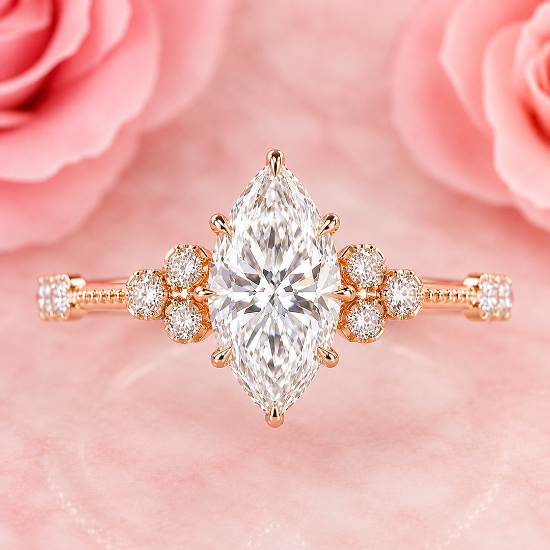 Vintage Marquise Cut Diamond Ring with Timeless Elegance in Rose Gold
