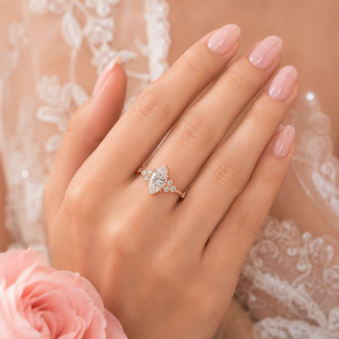 Vintage Marquise Cut Diamond Ring with Timeless Elegance in Rose Gold