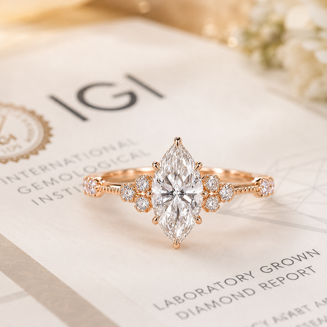 Vintage Marquise Cut Diamond Ring with Timeless Elegance in Rose Gold
