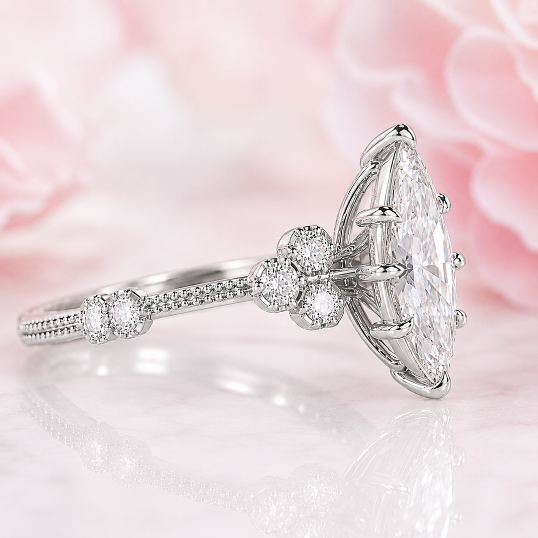 Vintage Marquise Cut Diamond Ring with Timeless Elegance in 925 Sterling Silver