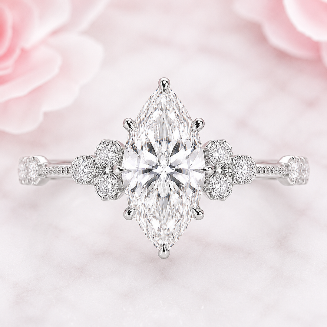 Vintage Marquise Cut Diamond Ring with Timeless Elegance in 925 Sterling Silver