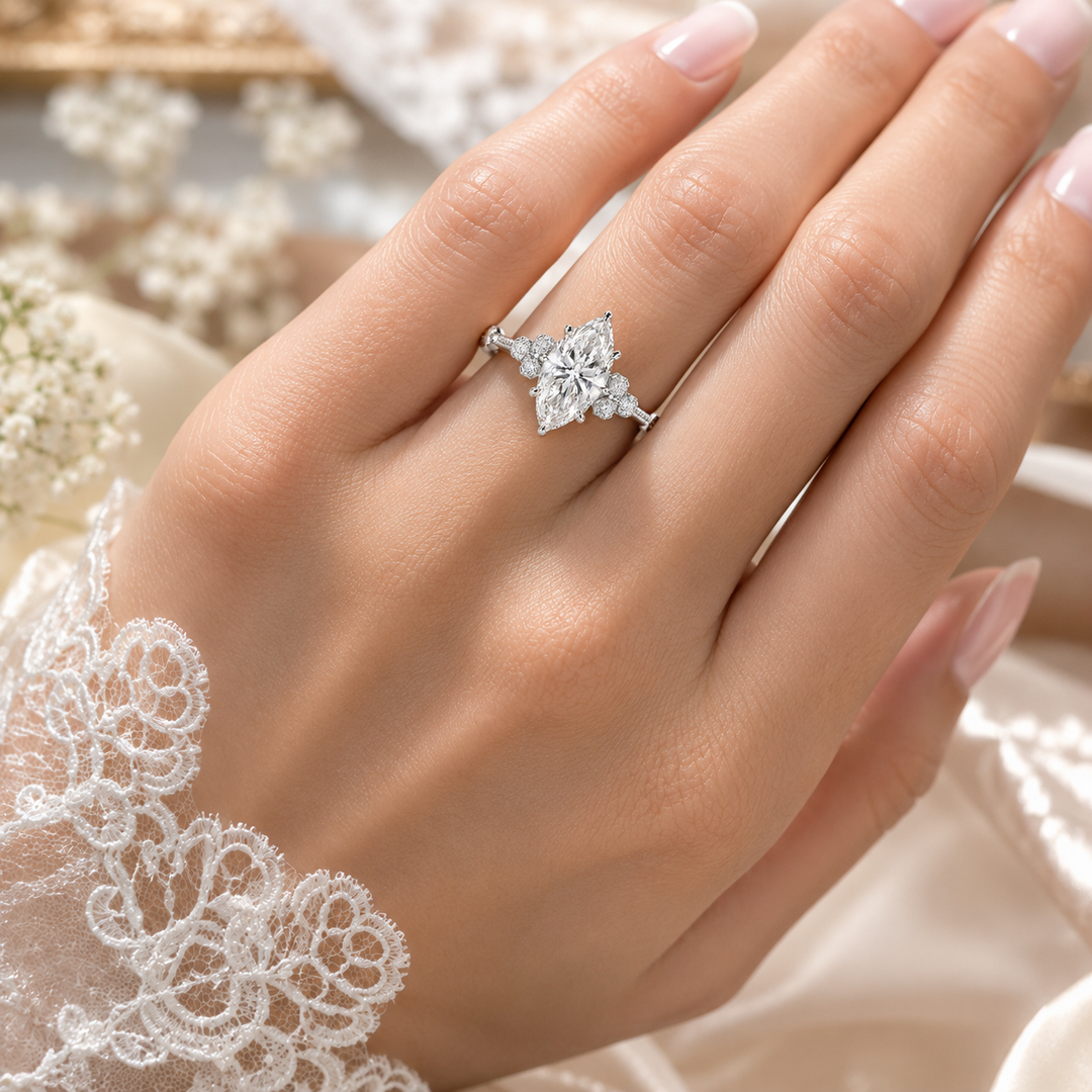 Vintage Marquise Cut Diamond Ring with Timeless Elegance in 925 Sterling Silver
